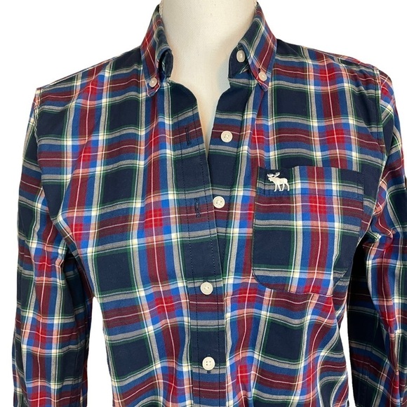 Abercrombie & Fitch Navy Blue Red Madris Cotton Long Sleeve Button-Up Shirt-Med. - Picture 3 of 12